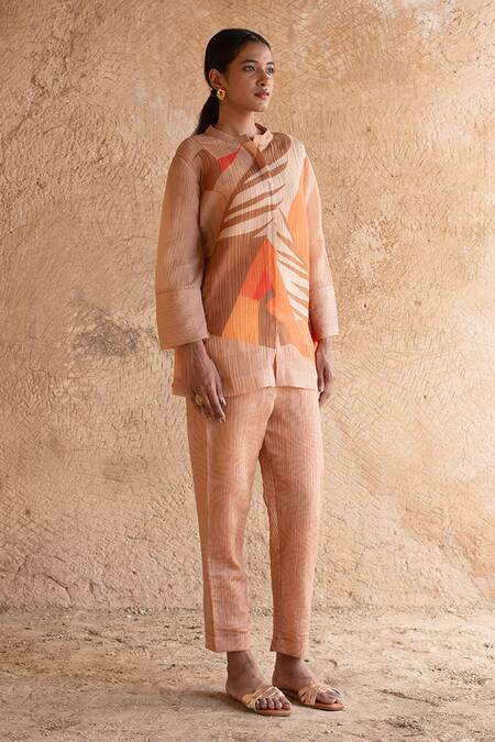 Buy_Clos_Orange Bandeau Neck Asymmetric Abstract Print Shirt And Pant Set _Online_at_Aza_Fashions