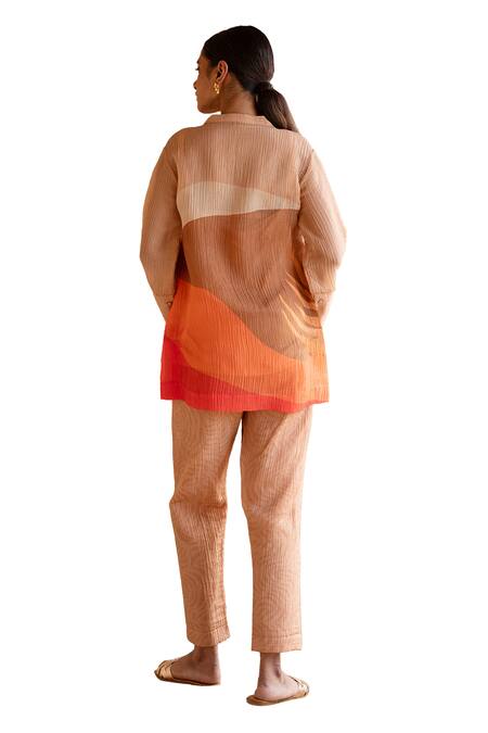 Shop_Clos_Orange Bandeau Neck Asymmetric Abstract Print Shirt And Pant Set _Online_at_Aza_Fashions