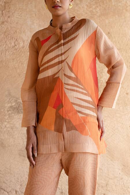 Clos_Orange Bandeau Neck Asymmetric Abstract Print Shirt And Pant Set _at_Aza_Fashions