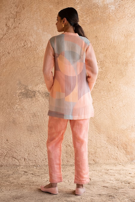 Shop_Clos_Wine Silk Bandeau Neck Asymmetric Abstract Print Shirt With Pant _at_Aza_Fashions