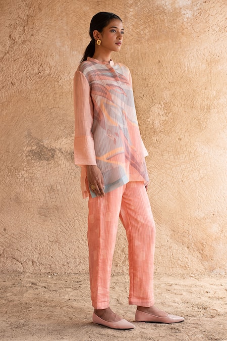 Buy_Clos_Wine Silk Bandeau Neck Asymmetric Abstract Print Shirt With Pant _Online_at_Aza_Fashions