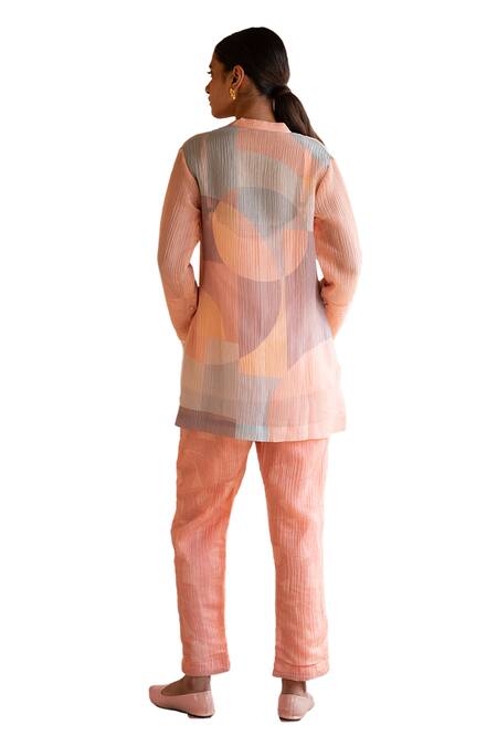 Shop_Clos_Wine Silk Bandeau Neck Asymmetric Abstract Print Shirt With Pant _Online_at_Aza_Fashions