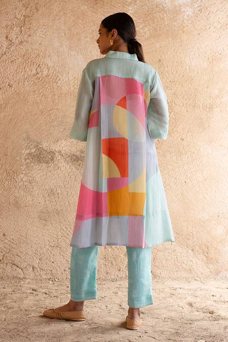 Shop_Clos_Blue Cotton Collared Asymmetric Kurta Tunic With Pant _at_Aza_Fashions