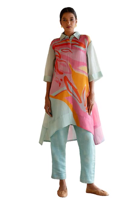Clos_Blue Cotton Collared Asymmetric Kurta Tunic With Pant _Online_at_Aza_Fashions