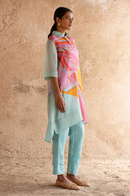Buy_Clos_Blue Cotton Collared Asymmetric Kurta Tunic With Pant _Online_at_Aza_Fashions
