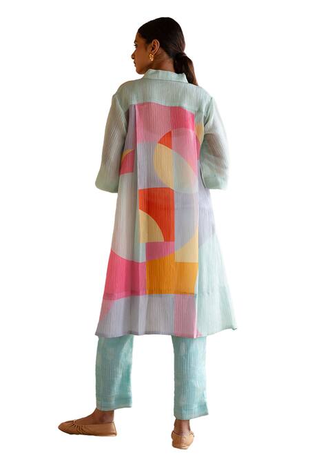 Shop_Clos_Blue Cotton Collared Asymmetric Kurta Tunic With Pant _Online_at_Aza_Fashions