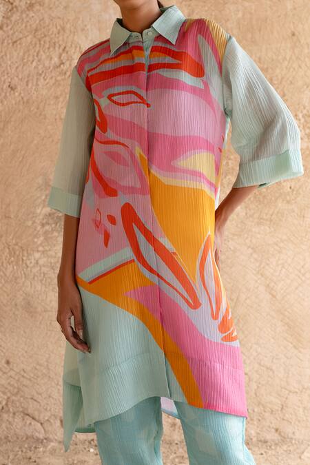 Clos_Blue Cotton Collared Asymmetric Kurta Tunic With Pant _at_Aza_Fashions