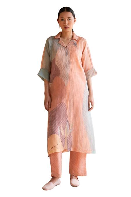 Clos_Peach Cotton, Silk Collared Asymmetric Straight Kurta With Pant _Online_at_Aza_Fashions