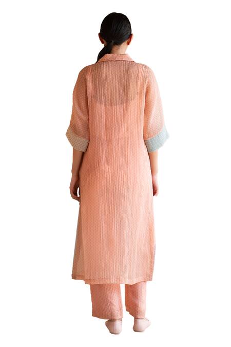 Shop_Clos_Peach Cotton, Silk Collared Asymmetric Straight Kurta With Pant _Online_at_Aza_Fashions