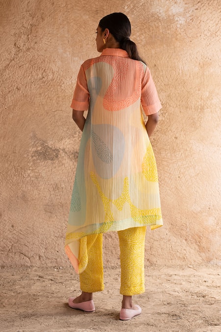 Shop_Clos_Yellow Cotton Embroidery Collared Asymmetric Kurta Pant Set _at_Aza_Fashions