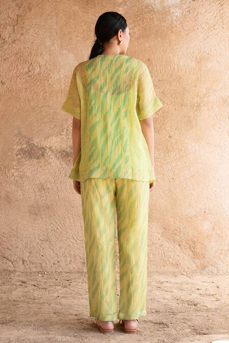 Shop_Clos_Green Cotton, Silk V-neck Abstract Print Shirt Jacket And Pant Set _at_Aza_Fashions