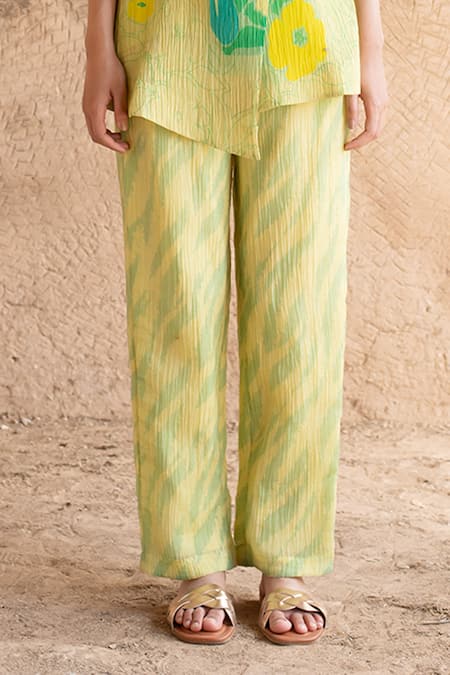 Clos_Green Cotton, Silk V-neck Abstract Print Shirt Jacket And Pant Set _Online_at_Aza_Fashions