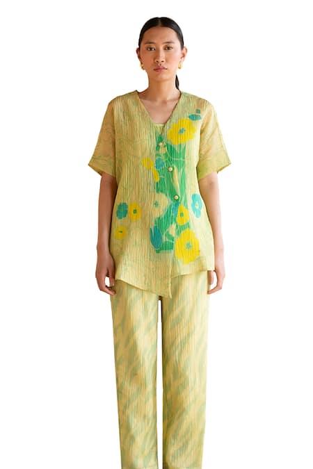 Buy_Clos_Green Cotton, Silk V-neck Abstract Print Shirt Jacket And Pant Set _Online_at_Aza_Fashions