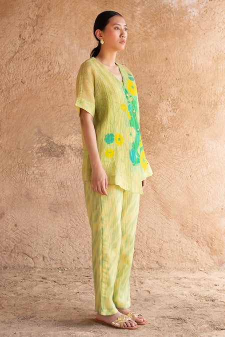 Shop_Clos_Green Cotton, Silk V-neck Abstract Print Shirt Jacket And Pant Set _Online_at_Aza_Fashions