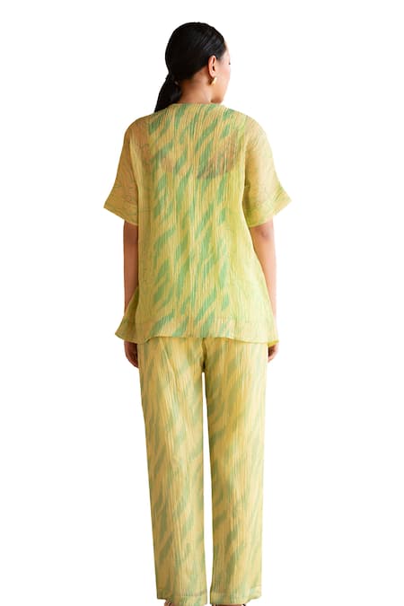 Clos_Green Cotton, Silk V-neck Abstract Print Shirt Jacket And Pant Set _at_Aza_Fashions