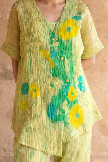 Buy_Clos_Green Cotton, Silk V-neck Abstract Print Shirt Jacket And Pant Set 