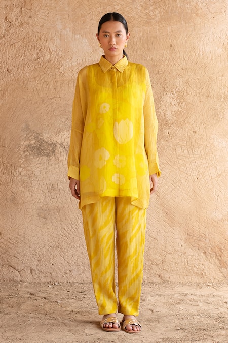 Clos Yellow Wrinkled Shimmer Cupro Printed Abstract Asymmetric Shirt Tunic And Pant Set 