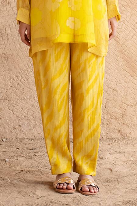 Clos_Yellow Silk Collared Asymmetric Shirt Tunic And Pant Set _Online_at_Aza_Fashions