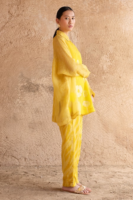 Buy_Clos_Yellow Silk Collared Asymmetric Shirt Tunic And Pant Set _Online_at_Aza_Fashions