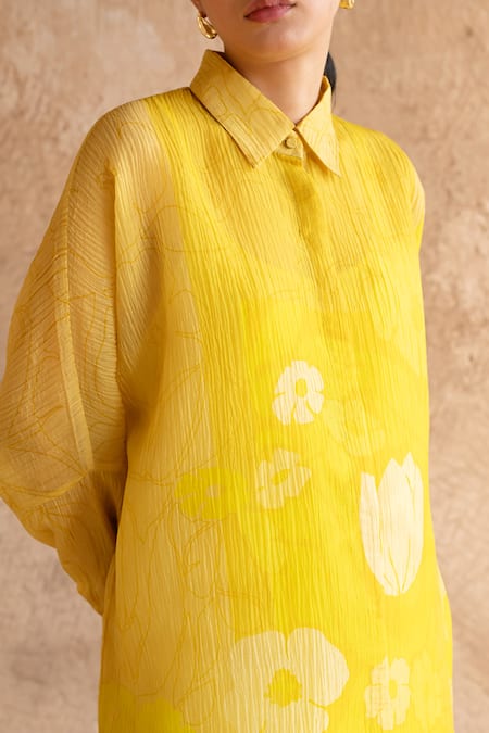 Shop_Clos_Yellow Silk Collared Asymmetric Shirt Tunic And Pant Set _Online_at_Aza_Fashions