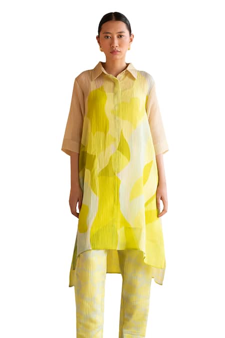 Buy_Clos_Green Silk Collared Asymmetric Tunic And Pant Set _Online_at_Aza_Fashions