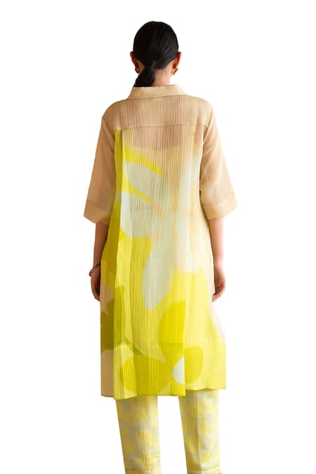 Clos_Green Silk Collared Asymmetric Tunic And Pant Set _at_Aza_Fashions