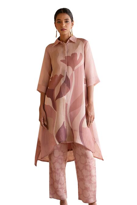 Buy Clos Purple Silk Collared Abstract Print Asymmetric Tunic And Pant Set Online at Aza Fashions Buy_Clos_Purple Silk Collared Abstract Print Asymmetric Tunic And Pant Set _Online_at_Aza_Fashions