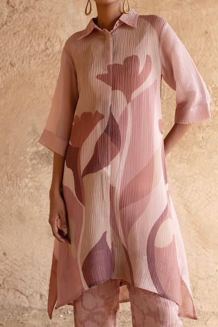 Buy Clos Purple Silk Collared Abstract Print Asymmetric Tunic And Pant Set Buy_Clos_Purple Silk Collared Abstract Print Asymmetric Tunic And Pant Set