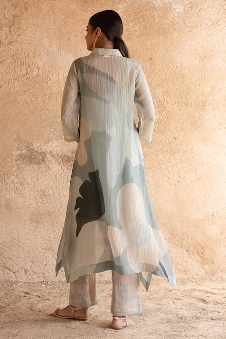 Shop_Clos_Grey Silk, Cotton Collared Floral Print Tunic And Pant Set _at_Aza_Fashions