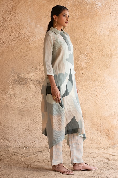 Shop_Clos_Grey Silk, Cotton Collared Floral Print Tunic And Pant Set _Online_at_Aza_Fashions