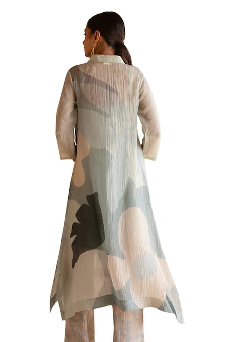 Clos_Grey Silk, Cotton Collared Floral Print Tunic And Pant Set _at_Aza_Fashions