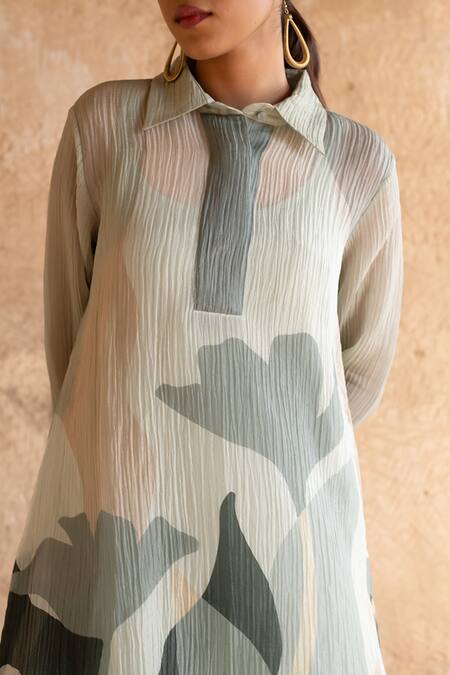 Buy_Clos_Grey Silk, Cotton Collared Floral Print Tunic And Pant Set 