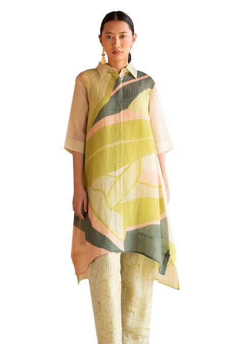 Buy Clos Green Collared Abstract Print Tunic And Pant Set Online at Aza Fashions Buy_Clos_Green Collared Abstract Print Tunic And Pant Set _Online_at_Aza_Fashions