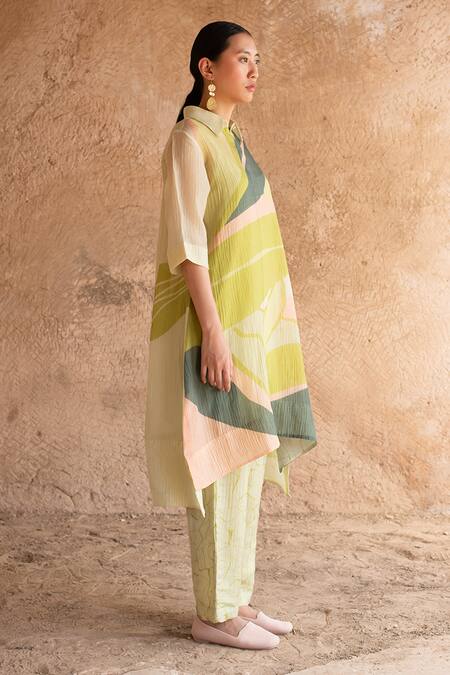 Shop Clos Green Collared Abstract Print Tunic And Pant Set Online at Aza Fashions Shop_Clos_Green Collared Abstract Print Tunic And Pant Set _Online_at_Aza_Fashions