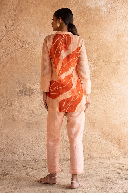 Shop Clos Peach Cotton Collared Printed Shirt Tunic And Pant Set at Aza Fashions Shop_Clos_Peach Cotton Collared Printed Shirt Tunic And Pant Set _at_Aza_Fashions