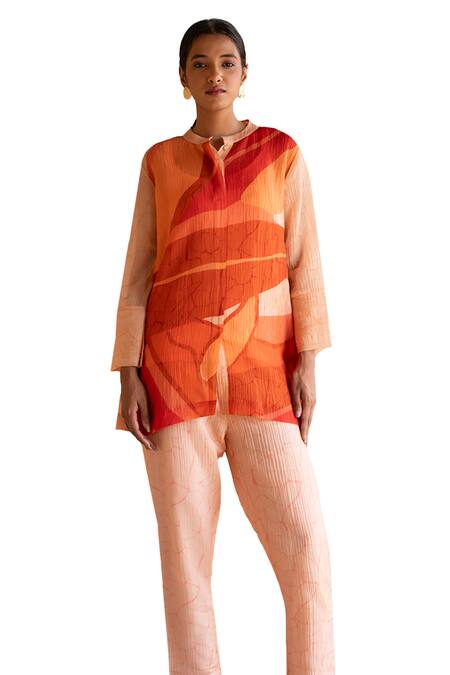 Buy Clos Peach Cotton Collared Printed Shirt Tunic And Pant Set Online at Aza Fashions Buy_Clos_Peach Cotton Collared Printed Shirt Tunic And Pant Set _Online_at_Aza_Fashions