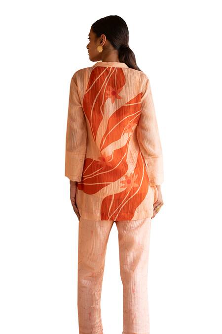 Clos Peach Cotton Collared Printed Shirt Tunic And Pant Set at Aza Fashions Clos_Peach Cotton Collared Printed Shirt Tunic And Pant Set _at_Aza_Fashions