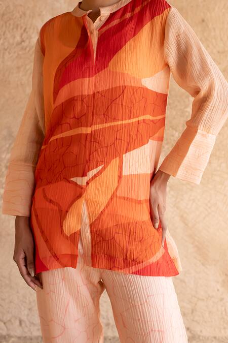 Buy Clos Peach Cotton Collared Printed Shirt Tunic And Pant Set Buy_Clos_Peach Cotton Collared Printed Shirt Tunic And Pant Set