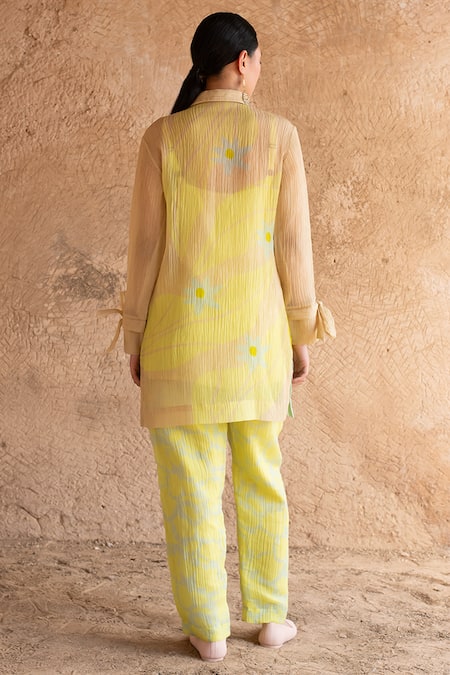 Shop_Clos_Yellow Collared Printed Shirt Tunic With Pant _at_Aza_Fashions