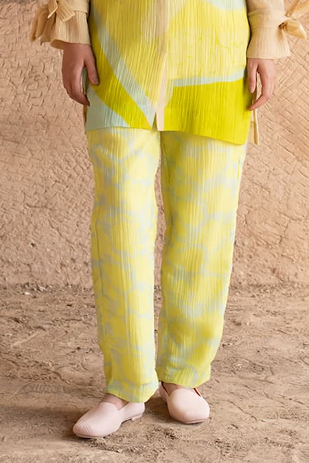 Clos_Yellow Collared Printed Shirt Tunic With Pant _Online_at_Aza_Fashions