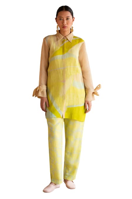 Buy_Clos_Yellow Collared Printed Shirt Tunic With Pant _Online_at_Aza_Fashions