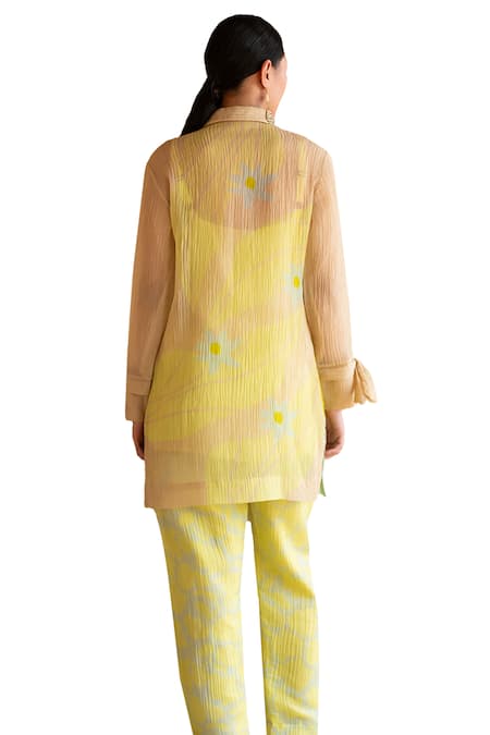 Clos_Yellow Collared Printed Shirt Tunic With Pant _at_Aza_Fashions