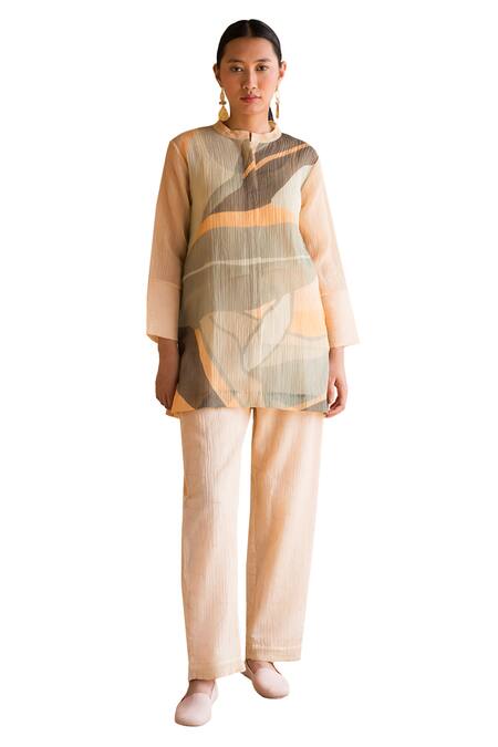 Buy_Clos_Peach Collared Short Tunic Kurta And Pant Set _Online_at_Aza_Fashions