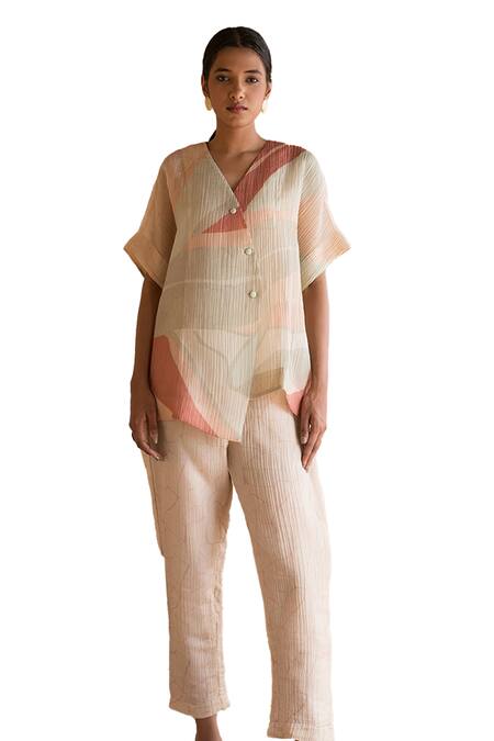 Clos_Cream V-neck Overlap Shirt Jacket With Pant _Online_at_Aza_Fashions