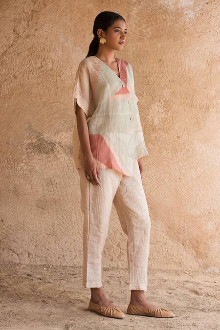 Buy_Clos_Cream V-neck Overlap Shirt Jacket With Pant _Online_at_Aza_Fashions