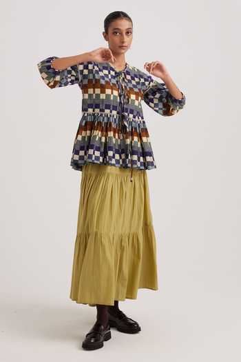 Cord_Multi Color Cotton Lace Round Neck Folk Checkered Print Peplum Top_Online_at_Aza_Fashions