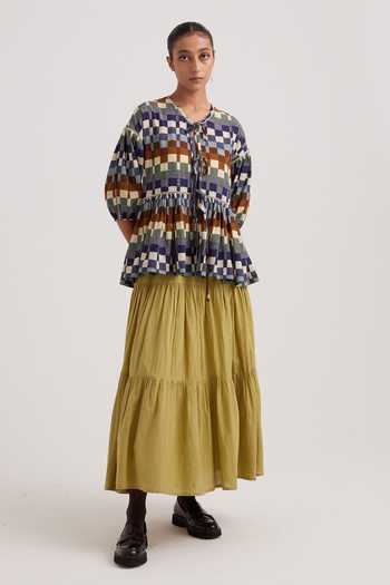Buy_Cord_Multi Color Cotton Lace Round Neck Folk Checkered Print Peplum Top_Online_at_Aza_Fashions