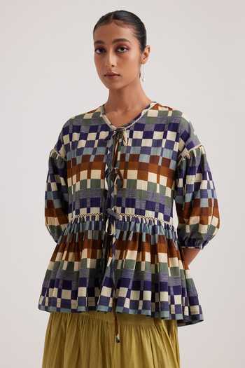Shop_Cord_Multi Color Cotton Lace Round Neck Folk Checkered Print Peplum Top_Online_at_Aza_Fashions