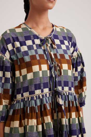 Cord_Multi Color Cotton Lace Round Neck Folk Checkered Print Peplum Top_at_Aza_Fashions