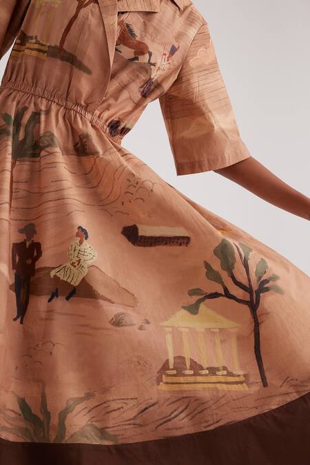 Buy_Cord_Brown Cotton Satin Collared Derby Print Dress_Online_at_Aza_Fashions